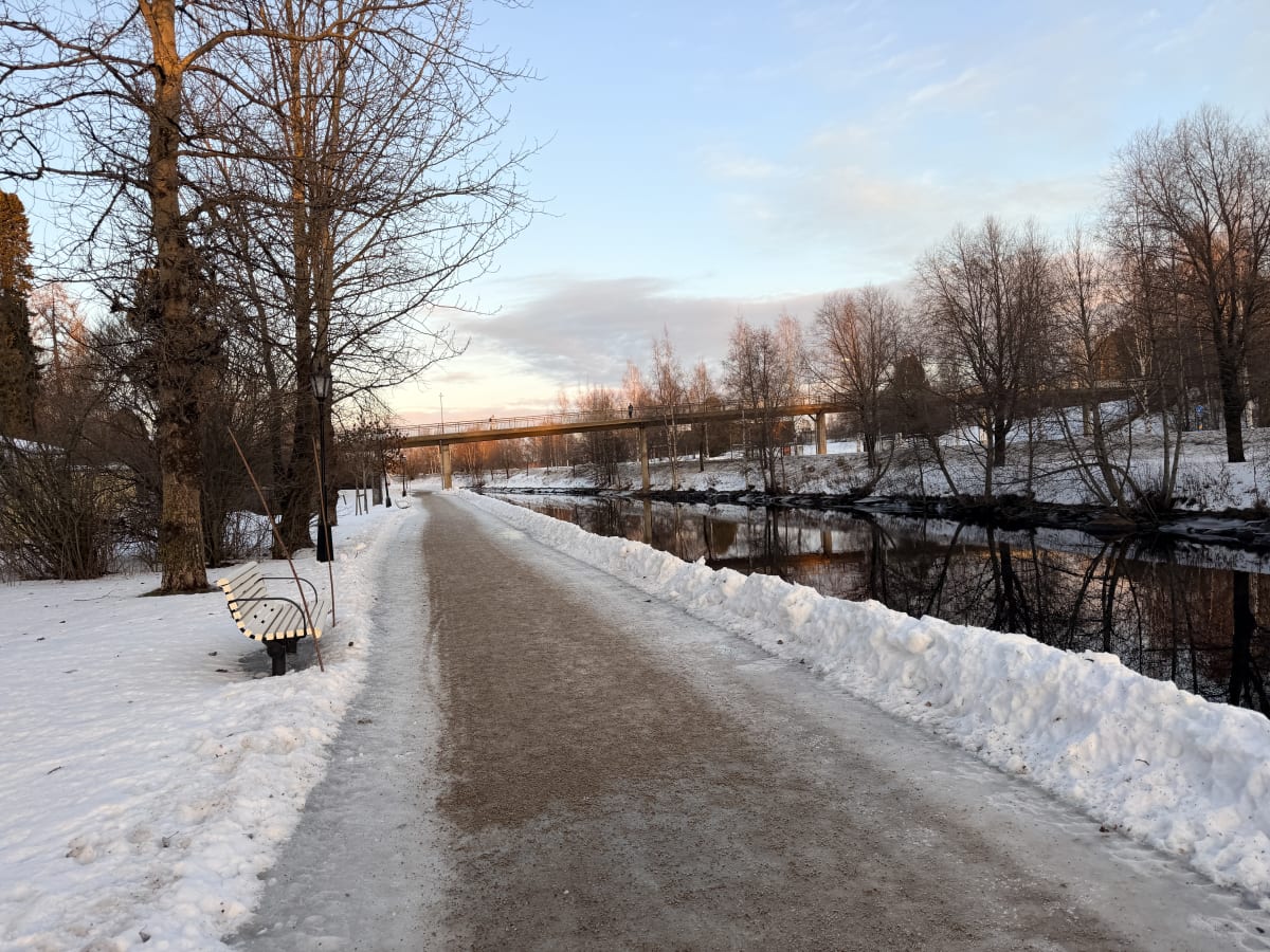 Bilden visar en vinterlandskapsvy med snö på marken och vid sidan av en gångväg. Vägen, som sträcker sig in i bildens djup, är delvis bar men har isiga partier. Ett träd står på vänster sida i förgrunden, och en vit parkbänk med svarta ben finns inti