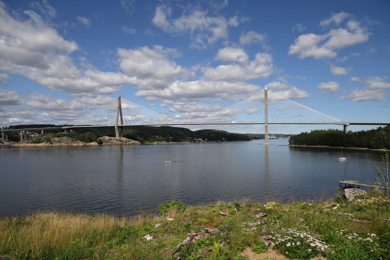 Bilden visar ett landskap med en bro över vatten under en molnig himmel. I förgrunden syns gräs och växtlighet, inklusive vita blommor, samt några stenar och trästubbar. Vattenytan är mörk och stilla, med små vågor synliga på vissa ställen. Längre bo
