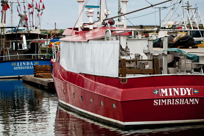 En bild som visar två fiskebåtar förtöjda i en hamn. I förgrunden till höger syns aktern på en röd fiskebåt med namnet "MINDY" och hemmahamnen "SIMRISHAMN" skrivet med vita bokstäver, flankerat av svenska flaggor. Båten har ett vitt kapell eller skyd