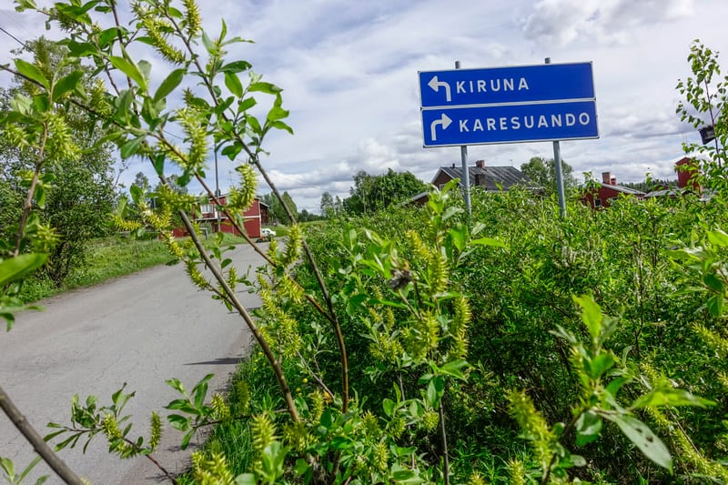 Bilden visar ett landskap med grön vegetation i förgrunden, vilken innefattar buskar med gröna blad och hängen. I bakgrunden syns en asfalterad väg som löper in till vänster i bilden. Längs vägen och i dess närhet finns röda byggnader med tak. Ett bl
