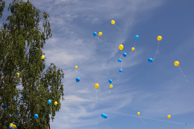 Bilden visar ett stort antal ballonger i färgerna gult och blått som svävar upp mot en klarblå himmel med tunna vita moln. I bildens vänstra del syns toppen av ett lövträd med grön grönska som sträcker sig vertikalt från bildens underkant och uppåt,