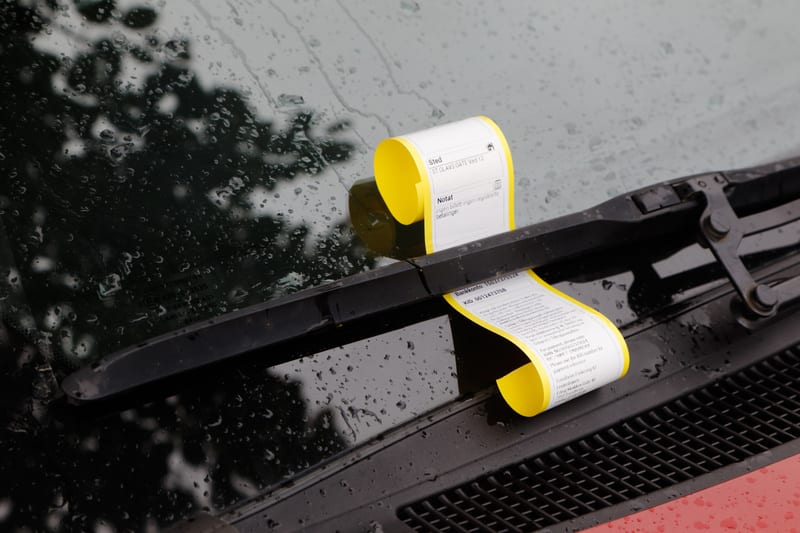 Bilden visar delar av en bilruta och torkarblad på en röd bil. På vindrutan ligger två gula papperslappar, troligen parkeringsböter, delvis synliga. Vindrutan har tydliga regndroppar och reflekterar mörka silhuetter av träd i bakgrunden. Ett torkarblad sträcker sig över den nedre delen av bilden, och delar av bilens motorhuv med ett galler syns längst ner. En av de gula lapparna är delvis upprullad och den andra ligger under torkarbladet.