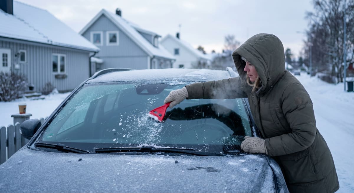 En bild tagen utomhus under dagtid, föreställande en person i en tjock grön vinterjacka med huva och ljusa vantar som skrapar is och snö från framrutan på en bil med en röd isskrapa. Det är stora snöflingor på bilens framruta och motorhuv. I bakgrund