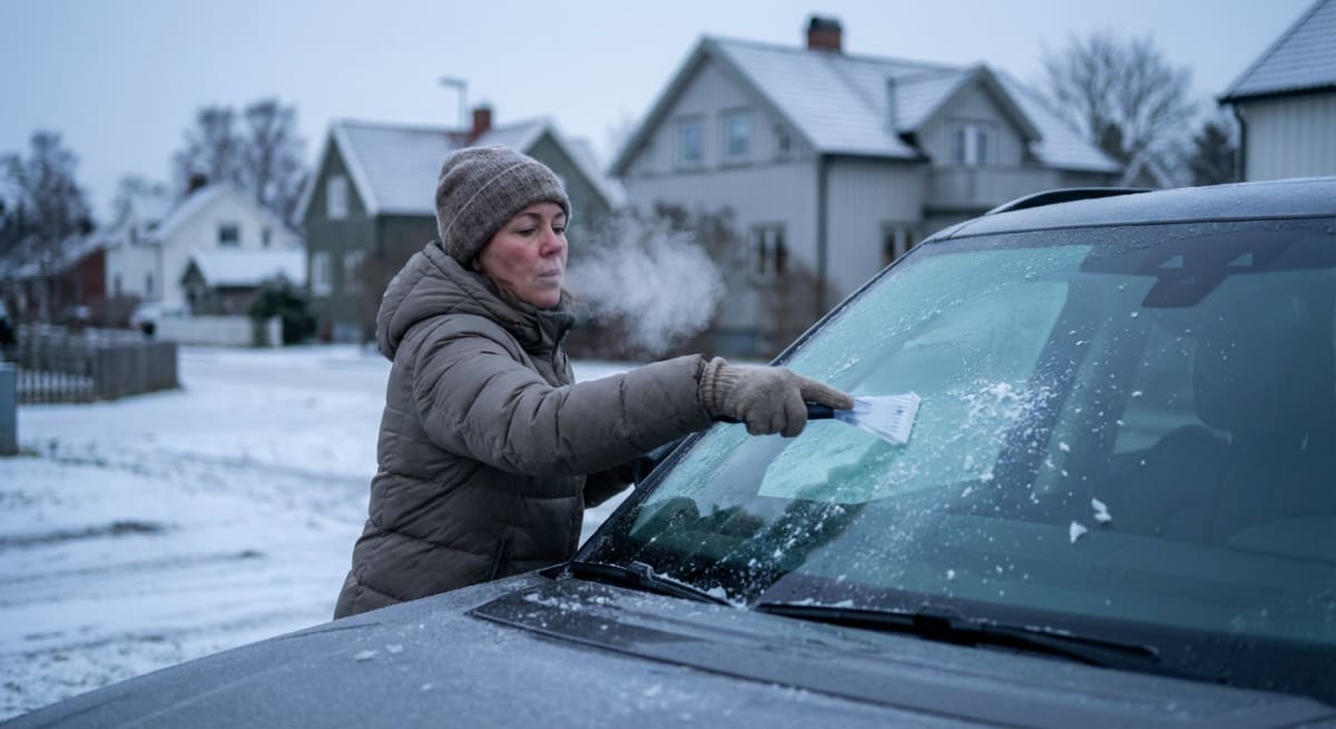 En person klädd i en grå vinterjacka, mössa och vantar skrapar frost från vindrutan på en mörk bil. Utandad luft är synlig som ånga runt personens ansikte, vilket indikerar kallt väder. Bilen är täckt av ett tunt lager frost. I bakgrunden syns snötäc