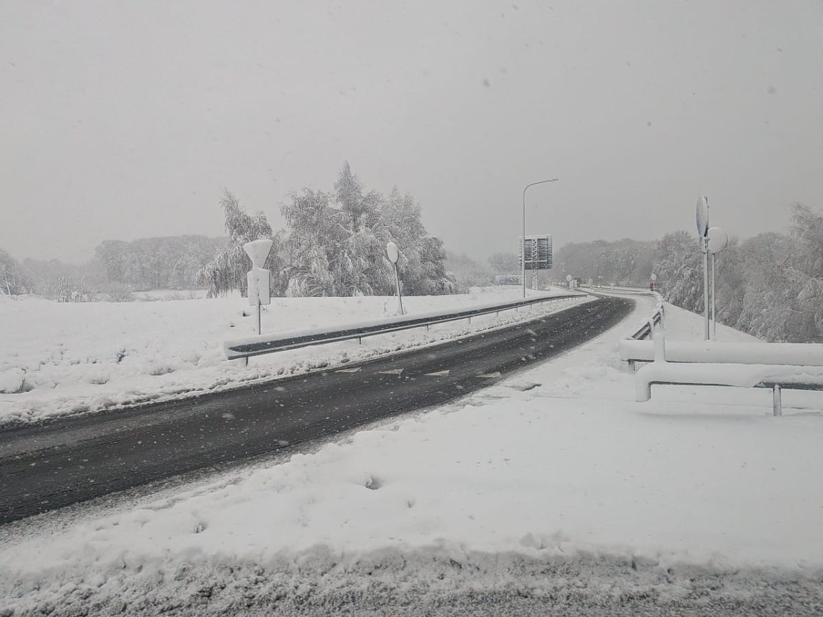 Bilden visar en snötäckt väg i ett vinterlandskap. Vägen är asfalterad och slingrar sig framåt, med snö som täcker sidorna av vägbanan och marken runtomkring. Ett vägräcke, även det delvis täckt av snö, löper längs vägens kant. I bakgrunden syns snötyngda träd som bildar en skogsdunge. En gatlykta med en ljuskälla som pekar mot vägen är synlig, samt ett gult vägmärke, delvis täckt av snö, som står vid vägkanten. Det är en mulen dag och snöflingor syns i luften, vilket indikerar på pågående snöfall. Hela omgivningen är präglad av ett tjockt snötäcke.