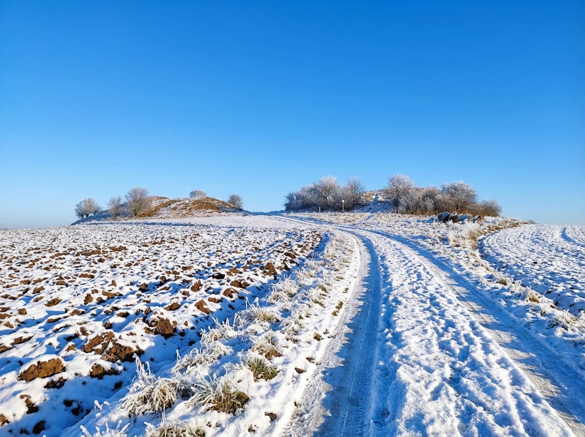 Bilden visar ett vinterlandskap med ett fält täckt av snö och frost. I förgrunden till vänster syns plöjd jord med snöfläckar. En snötäckt grusväg slingrar sig genom landskapet från förgrunden mot en kulle i bakgrunden. Vägen delar sig i bakgrunden.