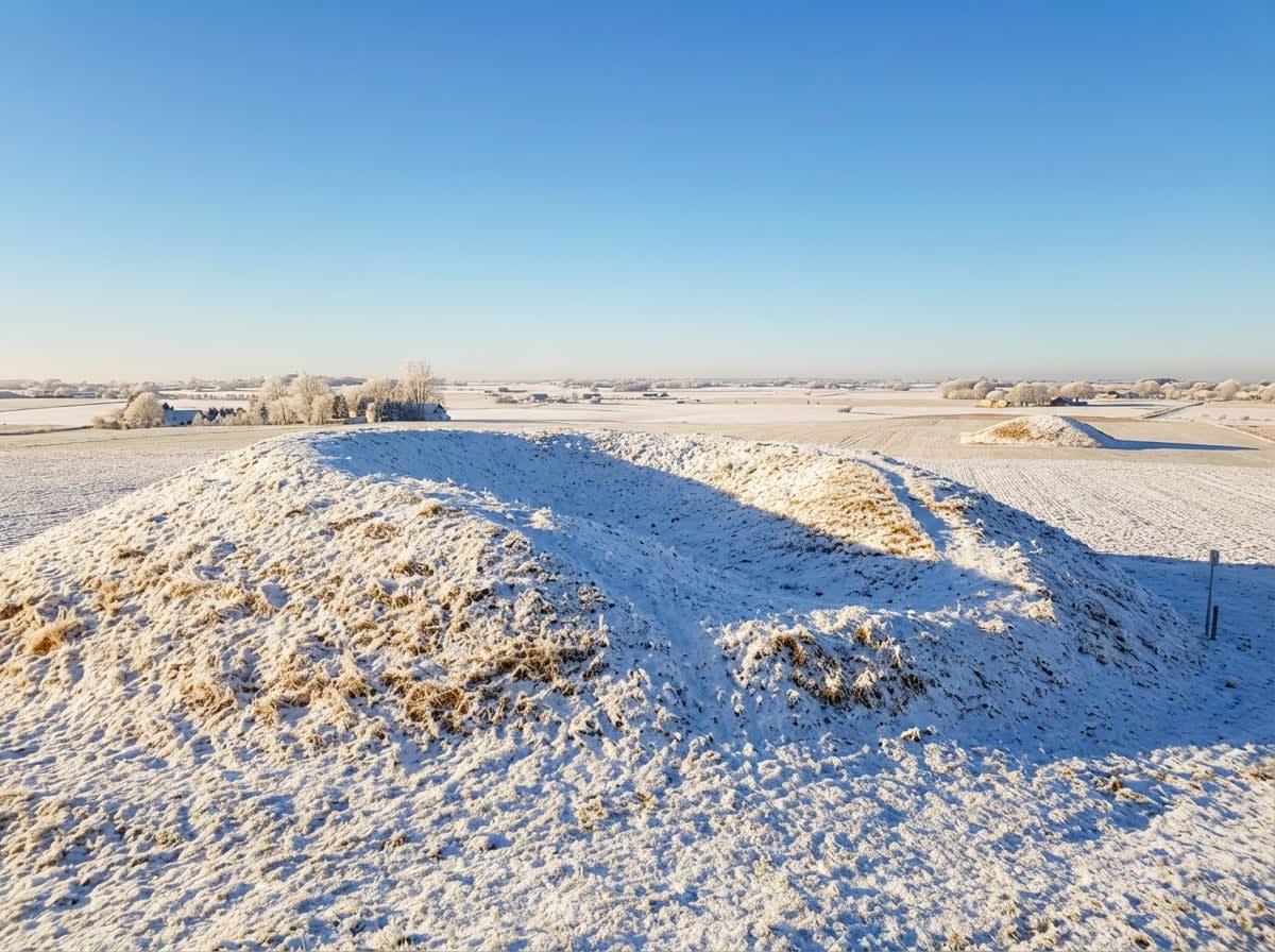 Bilden visar ett snötäckt, vidsträckt landskap under en klarblå himmel. I förgrunden syns en stor, oregelbunden snötäckt kulle med partier av brunt gräs som sticker upp genom snön. Längre bak breder ett platt fält ut sig, även det täckt av snö. En de