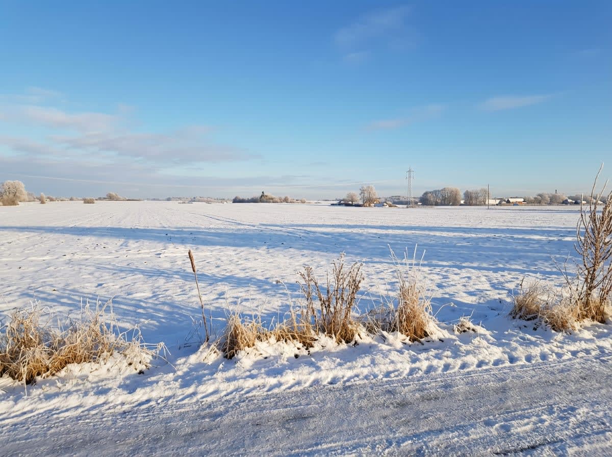 Bilden visar ett snötäckt, vidsträckt landskap under en klarblå himmel. I förgrunden syns snö på marken med spår av hjul och några torra grästuvar, delvis täckta av snö och frost. Fältet sträcker sig mot horisonten där en grupp träd och byggnader sky