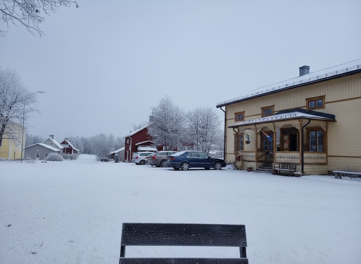 En vinterbild som visar ett snötäckt landskap med byggnader, träd och bilar under en ljusgrå himmel. I förgrunden syns baksidan av en bänk täckt med snö och frost. Till höger i bilden står en stor gul byggnad med en utbyggd veranda och intrikata träd
