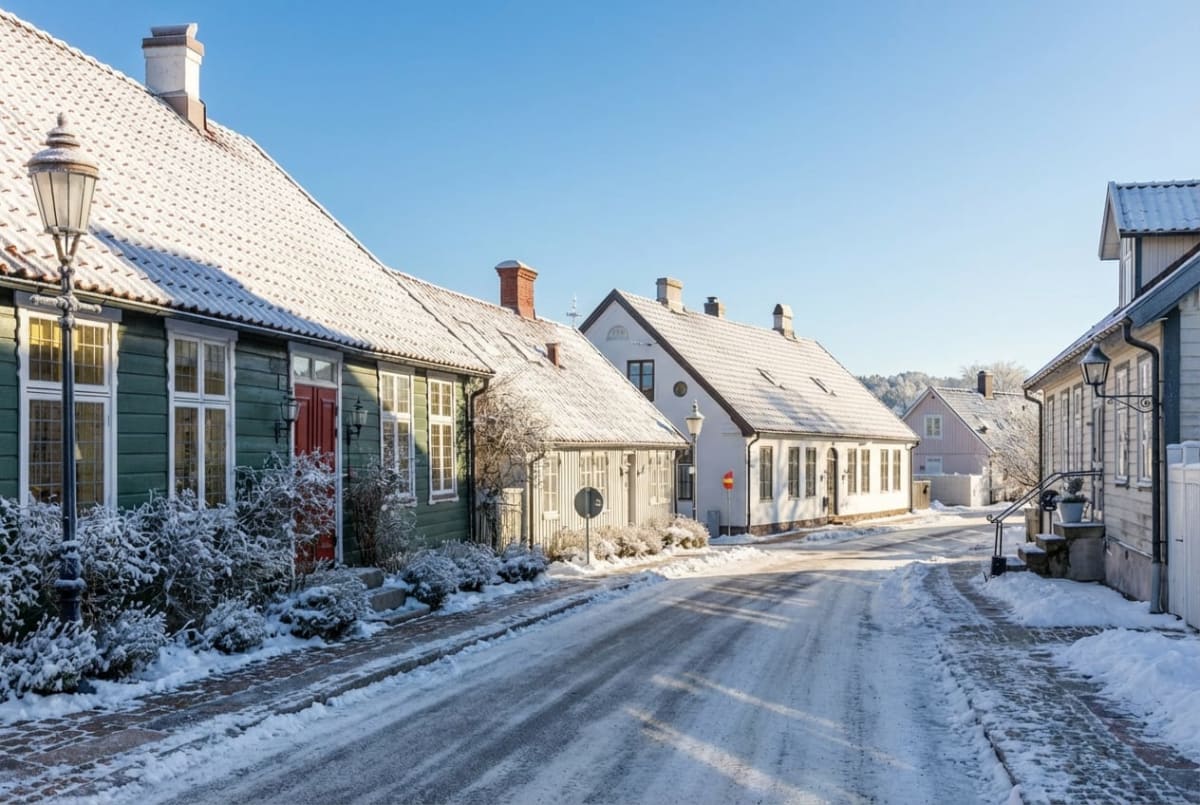 Bilden visar en snötäckt gata med flera hus på båda sidor. Husen har varierande färger som grön, vit och ljusrosa. Taken på alla hus är täckta av snö, liksom buskar och marken. På vänster sida syns ett grönmålat hus med röda dörrar och vita fönsterka