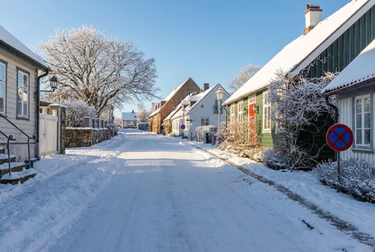 Bilden visar en snötäckt grusväg i ett bostadsområde under dagtid. På båda sidor av vägen står det hus av varierande färger och stilar, bland annat vitt, grönt och rött. Taken på husen är täckta av ett tjockt lager snö, liksom buskar och träd längs v