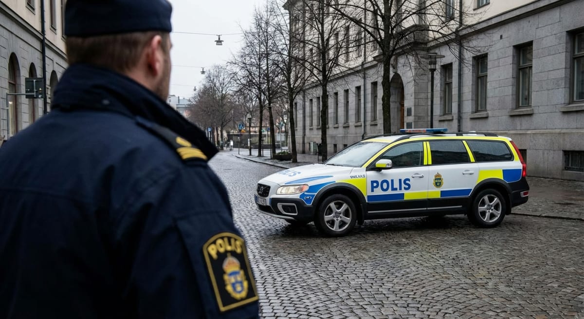 Bilden visar ryggen av en person i polisuniform i förgrunden, vänd bort från betraktaren. På personens vänstra ärm syns detaljer av en polisemblem. I bakgrunden, parkerad på en kullerstensgata, står en svensk polisbil, en Volvo XC70 kombi, med blå och gul dekor samt texten ”POLIS”. Blåljusen på bilens tak är tända. Bakom polisbilen finns en gata kantad av träd utan löv och byggnader med fönster. Gatubelysning och trafikskyltar kan skymtas i bakgrunden. Väderleken ser ut att vara molnig, och vägbanan ser fuktig eller våt ut.