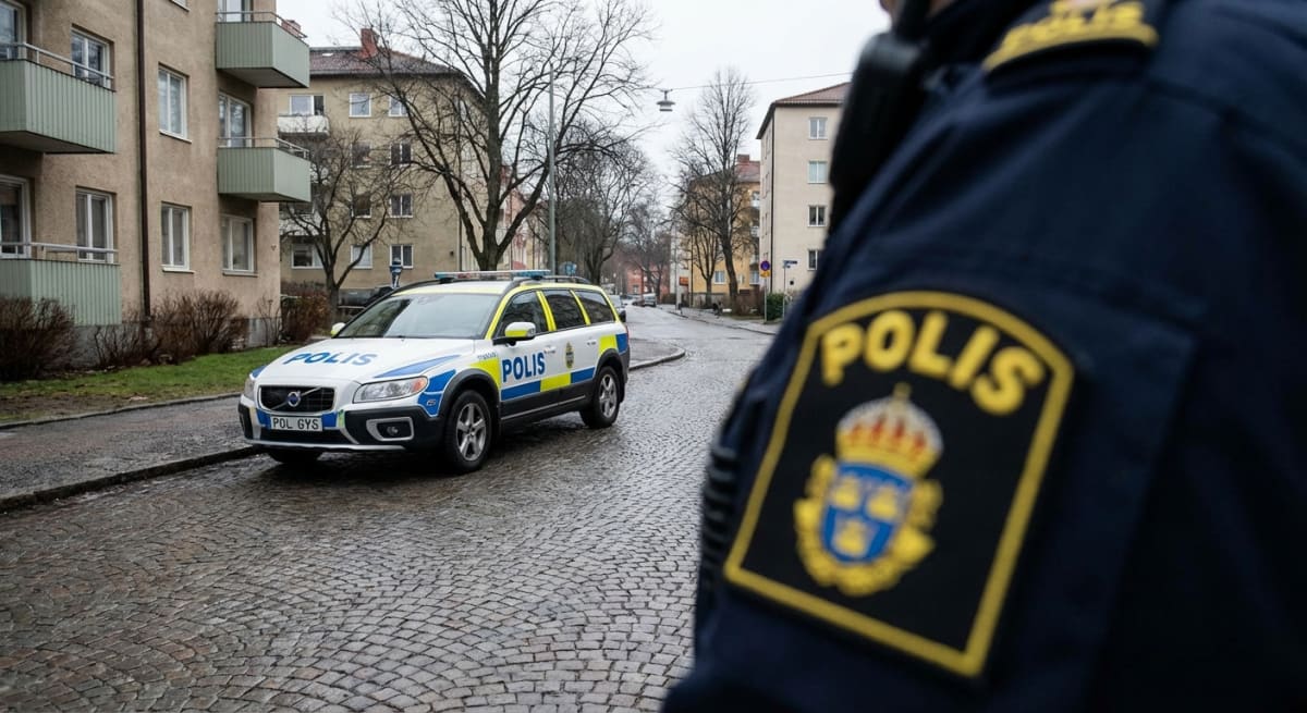 En suddig bild på en persons axel och rygg, iklädd en marinblå polisuniform med en gul badge med texten "POLIS" och riksvapnet med tre kronor. I bakgrunden syns en vit Volvo polisfordon parkerad på en kullerstensgata. Fordonet har blå och gula markeringar med texten "POLIS". Fordonets registreringsskylt framifrån är synlig. På höger sida av vägen står ett elstolpe med en lampa. Till vänster i bilden syns en byggnad med balkonger. I bakgrunden av gatan syns fler byggnader och träd utan löv. Väderleken ser ut att vara mulen eller grå.
