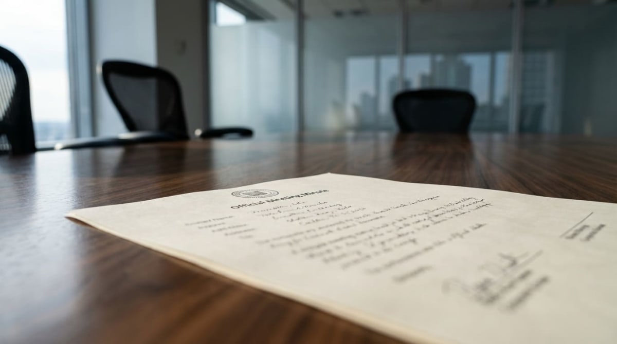 Bilden visar ett konferensrum med fokus på ett vitt papper som ligger på ett brunt träbord. På pappret står texten "Official Meeting Minute" och det finns handskriven text under. I bakgrunden syns moderna kontorsstolar med nätryggar och stora fönster som visar en vag utsikt över byggnader. En del av fönstren har frostat glas, och det mörka träbordet reflekterar ljuset från fönstren.