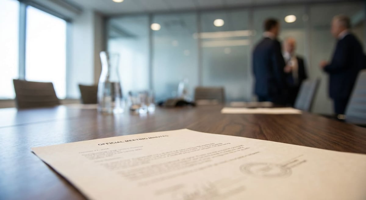 Bilden visar ett konferensrum eller mötesrum med ett stort träbord i förgrunden, där ett vitt papper med texten "OFFICIAL MEETING MINUTES" ligger. Till vänster på bordet syns en vattenkaraff och några dricksglas. I bakgrunden är tre personer oskarpt fokuserade, klädda i affärskläder, stående upprätt. Rummet har stora fönster som släpper in dagsljus, samt glasväggar som separerar utrymmen. Stolar är delvis synliga runt bordet.