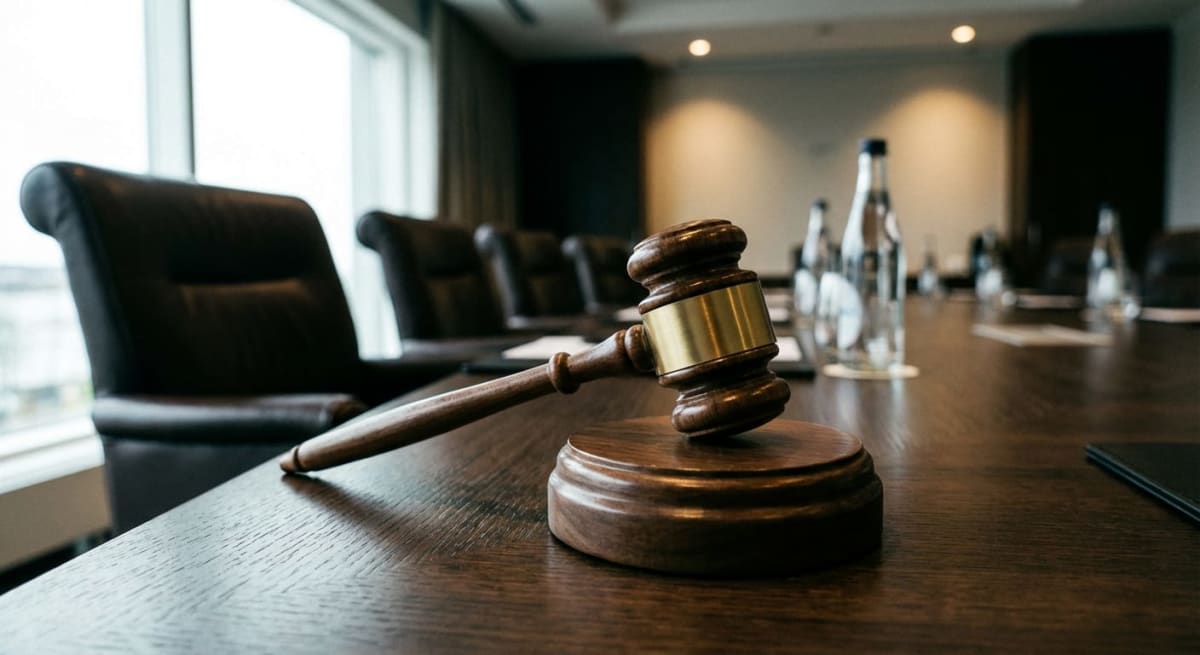 Bilden visar en träklubba med en guldfärgad ring placerad på en träsockel på ett stort, mörkt träbord. I bakgrunden syns flera tomma, svarta läderstolar runt bordet. Genom ett stort fönster till vänster kommer ljus in, och i den bortre delen av rummet kan man ana konturerna av flera vattenflaskor och glas på bordet. Taket har infälld belysning som reflekteras i den bortre delen av rummet. Fönstret till vänster avslöjar en diffus utsikt, möjligen över en stad.