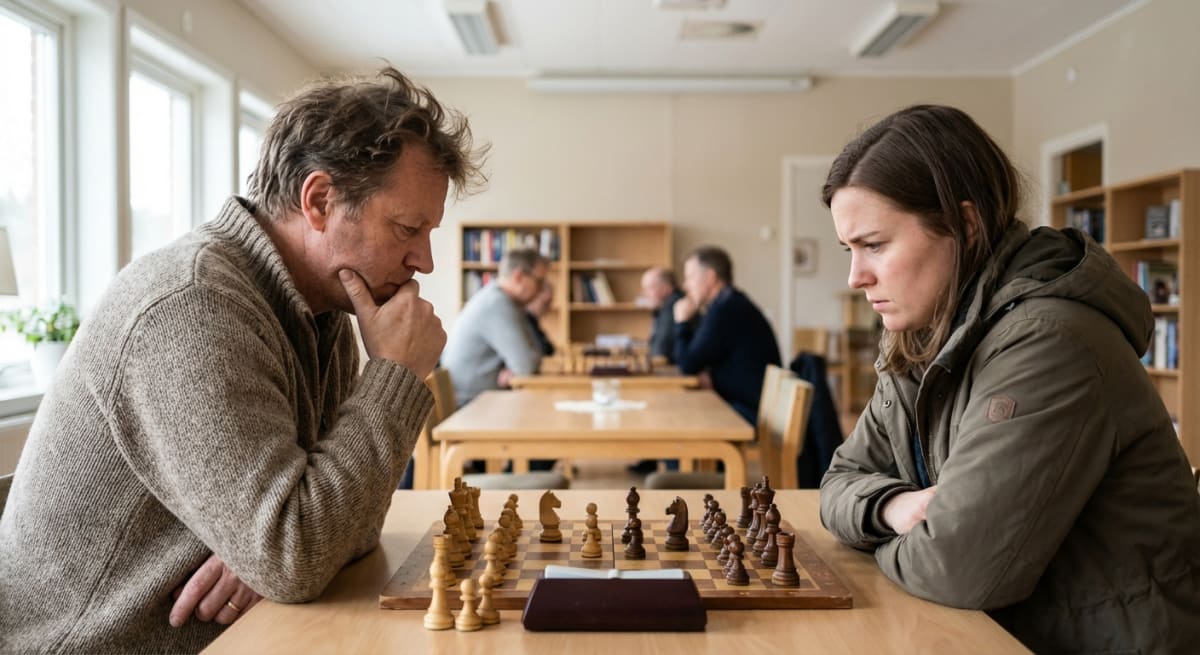 Bilden visar två personer, en man och en kvinna, som sitter mittemot varandra vid ett träbord och spelar schack. I förgrunden syns schackbrädet med uppställda pjäser. Mannen, till vänster, är klädd i en ljusbrun stickad tröja och har sin hand mot hakan medan han tittar koncentrerat på brädet. Kvinnan, till höger, bär en grön jacka och ser också fundersam ut. I bakgrunden syns fler personer vid andra bord, troligen också fördjupade i spel eller diskussion, samt bokhyllor och stora fönster som släpper in dagsljus. Ljuset i rummet är skarpt och det ser ut att vara en inomhusmiljö, möjligen ett föreningsrum eller liknande.