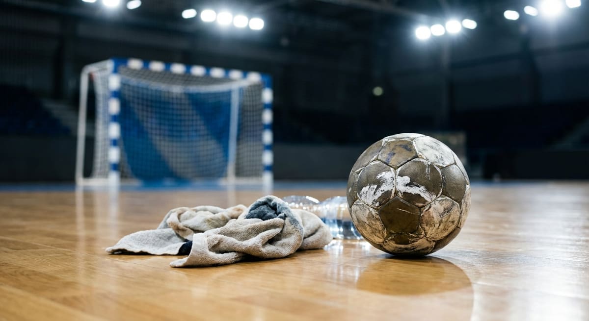Bilden visar ett tydligt slitet handbollsliknande objekt med vitt och brunt färgskikt som ligger på ett ljust trägolv. Bredvid objektet ligger en hopknycklad ljusbrun handduk och två transparenta, troligen tomma, plastflaskor. I bakgrunden syns ett handbollsmål med blått nät och en vit-blå ram. Målet är suddigt och indikerar ett större rum. Belysningen kommer uppifrån och reflekteras i det blanka trägolvet. Bakgrunden är mörk men ljus från taklampor skiner genom. Blåa stolsrader syns svagt i bakgrunden.