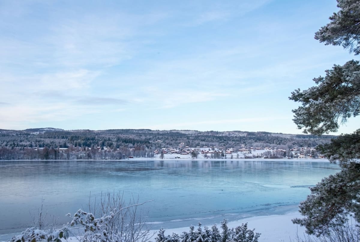 Bilden visar ett vinterlandskap med ett delvis fruset vattendrag i förgrunden och mellanpartiet. Vattnet skiftar i blåa och vita nyanser och är kantat av snötäckt mark och vegetation. På andra sidan vattnet syns en skogskant med snötäckta träd och ett samhälle med bostäder vars tak är täckta av snö. I bakgrunden reser sig kullar eller berg som också är täckta av snötäckt skog. Himlen är ljusblå med lätta moln. I den högra förgrunden syns delar av en snötäckt trädkrona.