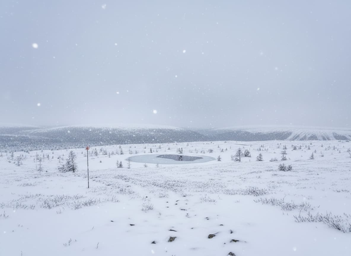 Bilden visar ett snötäckt, vidsträckt landskap under en gråmulen himmel där snöflingor faller. I förgrunden syns en stig med synliga stenar som leder framåt. Till vänster i bilden står en röd- och vitmarkerad stolpe. Landskapet består av låg vegetation, delvis täckt av snö, samt spridda små träd, troligen barrträd. Mitt i bilden syns en frusen sjö eller damm med en mörkare, öppen yta i mitten. I bakgrunden reser sig snötäckta kullar, med trädklädda områden som sträcker sig mot horisonten. Hela scenen domineras av vita och gråa nyanser.