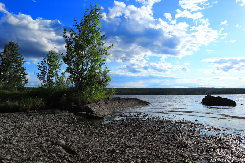 Bilden visar en naturskön miljö vid en sjö eller större vattensamling. I förgrunden syns en grus- och stenstrand som leder ner till vattnet. Till vänster, vid strandlinjen, växer flera gröna lövträd och buskar på en liten kulle eller klippa. Några av