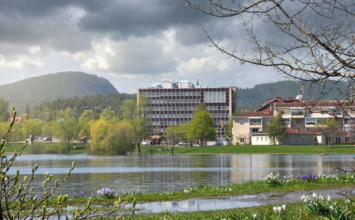 En bild visar en naturlig miljö med en sjö eller vattensamling i förgrunden, omgiven av gräsmattor och träd med nyutslagna knoppar och blad. I förgrunden syns snödroppar och krokusar som blommar på en gräsbevuxen udde intill vattnet. Regndroppar faller från en molnig himmel, vilket antyder ett pågående regnväder. I bakgrunden syns flera byggnader. En stor, modern byggnad med många fönster dominerar mitten av bilden, och till höger om den finns ett bostadshus med balkonger. Längre bort i bakgrunden reser sig skogsklädda berg eller kullar under den grå himlen. På flertalet platser syns blöta gräsytor samt pölar.