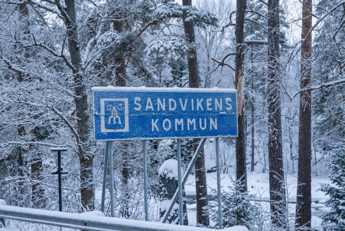 En blå kommunskylt med texten "SANDVIKENS KOMMUN" och ett kommunvapen är placerad i bildens mitt. Texten är vit och skylten har ett tunt vitt ramverk. Runtomkring skylten syns en vintermiljö med snötäckta träd och buskar. Snön ligger på grenarna och täcker marken. En vägräcke, även det täckt av snö, syns i förgrunden till vänster i bilden. Bakgrunden består av en tät, snötäckt skog.