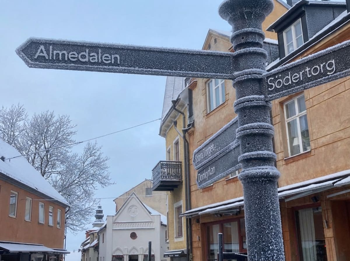 En gatuskylt täckt av snö och frost står i förgrunden till höger, med texten "Almedalen" som pekar åt vänster och "Södertorg" åt höger. Under Södertorg skylten finns ytterligare skyltar som pekar åt vänster, med texten "Stora Torget" och under den "Domkyrkan". Bakom skylten syns äldre byggnader med snötäckta tak och husfasader i olika nyanser av gult och brunt. En byggnad till vänster har sex fönster och en mörkbrun fasad. I bakgrunden till vänster syns snötäckta träd med bara grenar under en molnig himmel. En vit byggnad med ett spetsigt tak och ett mindre fönster syns i mitten, med ett tornliknande objekt bakom den.  Gatulyktstolpen som håller skyltarna är också täckt av frost.