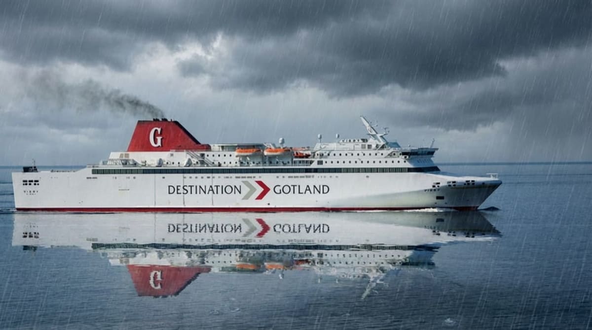 Bilden visar ett stort passagerarfartyg, en färja, med namnet “DESTINATION GOTLAND” tryckt på sidan. Fartyget är vitt med en röd linje längs skrovet och har en röd skorsten med ett stort vitt 'G' på. Det syns mörk rök komma från skorstenen. Fartyget färdas på lugnt vatten och reflekteras tydligt i vattenytan. Bakgrunden består av en mörk och stormig himmel med regn som faller. Regnet är synligt som vita streck som går diagonalt över bilden. Fartygets namn, "VISBY", är även synligt på fören. Flera livbåtar och fönster syns längs fartygets sidor.