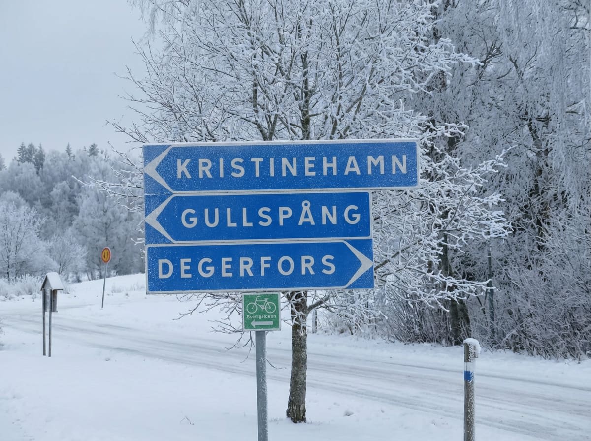 En vinterbild som visar tre blå vägskyltar med vita pilar och text som pekar mot Kristinehamn, Gullspång och Degerfors. Vägen och omgivningen är täckta av snö, och det finns träd med rimfrost i bakgrunden. En liten grön cykelskylt syns under de blå s