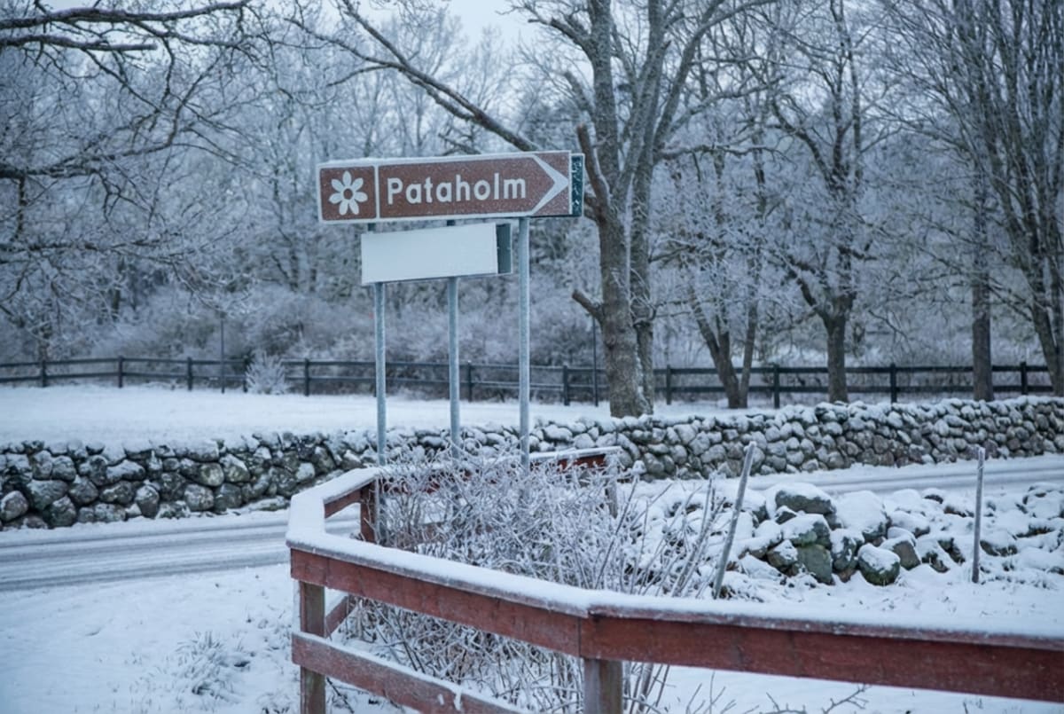En vinterbild som visar ett snötäckt landskap med en vägskylt som pekar mot "Pataholm". Snö täcker marken, trädens grenar och en stenmur vid vägkanten. En röd trästaket syns i förgrunden.