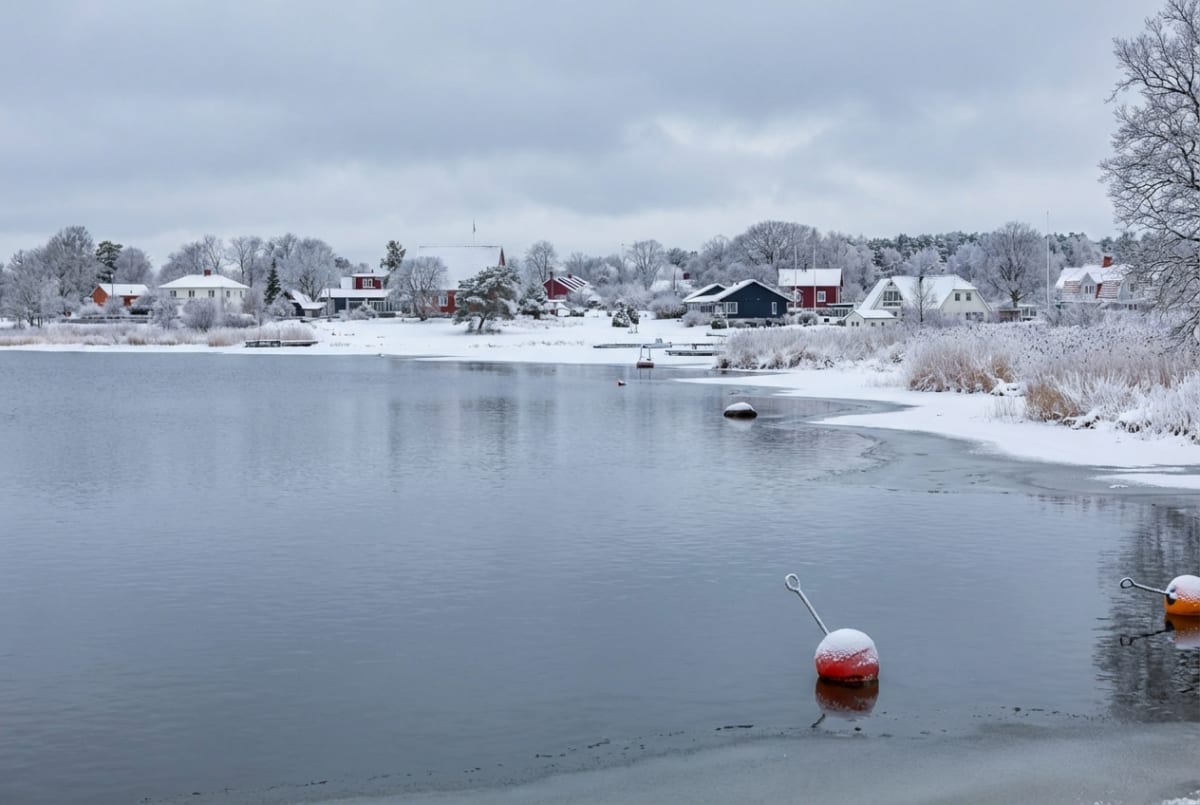 En vinterbild över ett vatten med iskanter där en orange och en röd boj delvis är täckta av snö. På andra sidan vattnet syns ett snötäckt landskap med hus och träd.