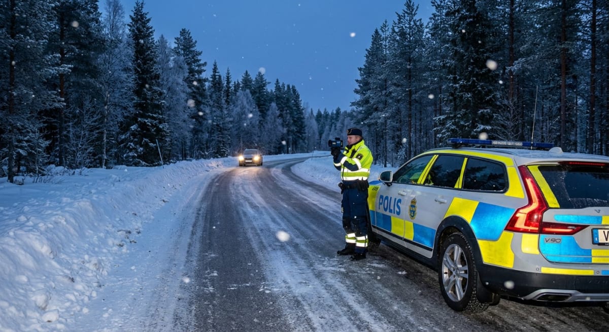 En polisman, iklädd uniform och reflexväst, håller en kamera och utför en hastighetskontroll på en snötäckt väg intill en parkerad polisbil. Ett fordon med tända strålkastare närmar sig i fjärran. Snöflingor faller och träd syns i bakgrunden.