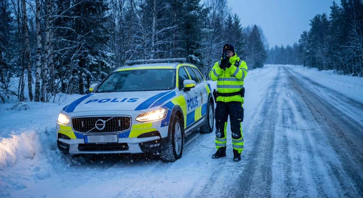 En polisman, iklädd gul reflexjacka, står bredvid en svensk polisbil på en snötäckt grusväg. Polismannen håller ett mätinstrument och vägen sträcker sig in i en skog med snöiga träd. Himmelen är grå och vädret verkar vara kallt.