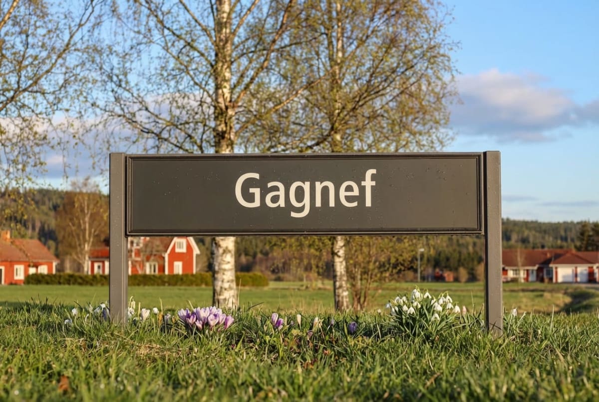 En svart skylt med texten "Gagnef" i vit färg står i fokus på en gräsklädd mark. Framför skylten blommar vita snödroppar och lila krokusar. I bakgrunden syns röda hus, träd med tunna grenar och en skog, under en himmel med blått och moln.