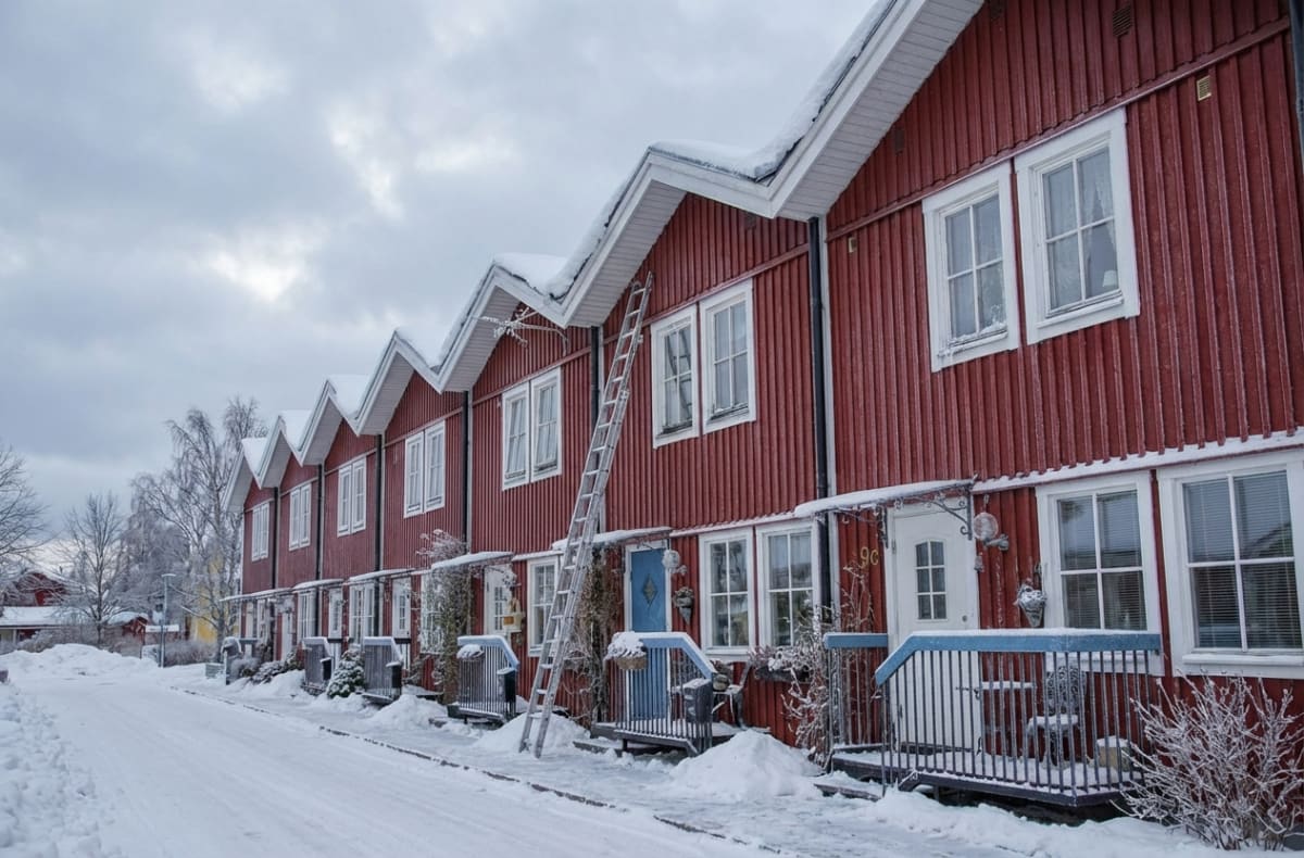 En rad röda radhus med vita fönster och dörrar syns under ett snötäckt tak och på marken ligger det djup snö. En stege står lutad mot ett av husen och himlen är molnig och grå.