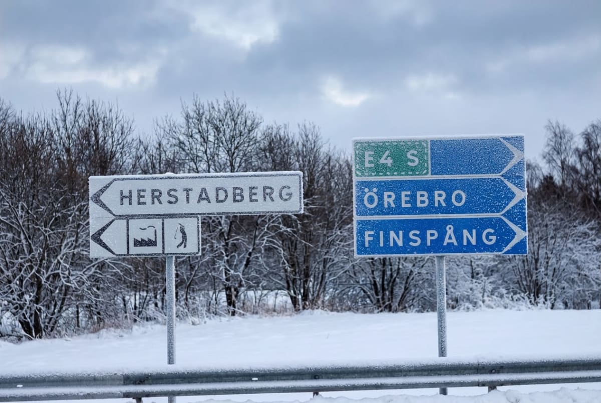 Två vägskyltar täckta med snö och is står vid sidan av en snötäckt väg. Bakgrunden består av en skog med snötäckta, kala träd under en molnig himmel. En snötäckt vägbarriär syns i förgrunden.