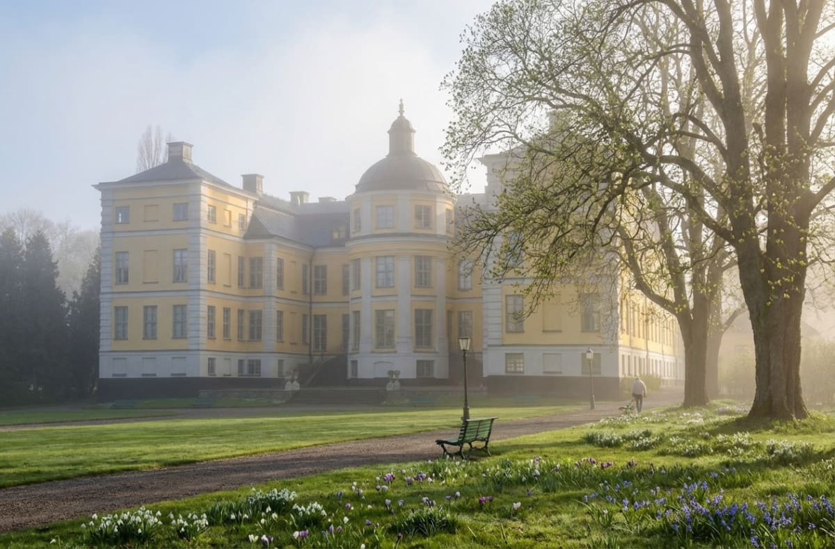 En gul barockbyggnad med en kupol syns i dimma med omgivande träd och gräsmattor. En person syns gå längs en grusgång och i förgrunden blommar vårlökar som snödroppar och krokusar. En grön parkbänk står vid gången.