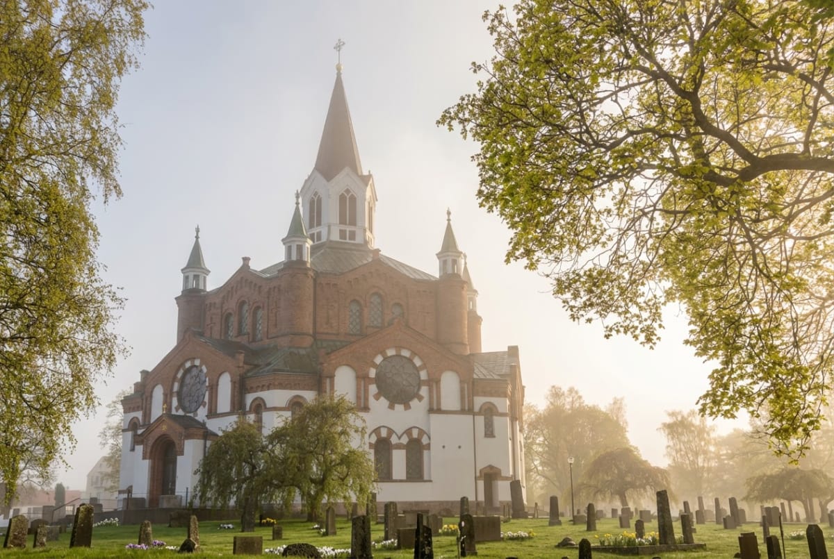 En stor röd och vit kyrka med ett högt torn och flera mindre spiror syns i en disig eller dimmig miljö. Framför kyrkan ligger en grön kyrkogård med gravstenar och viss växtlighet. Flera träd med ljusgröna blad ramar in bilden. Solljus strålar in från