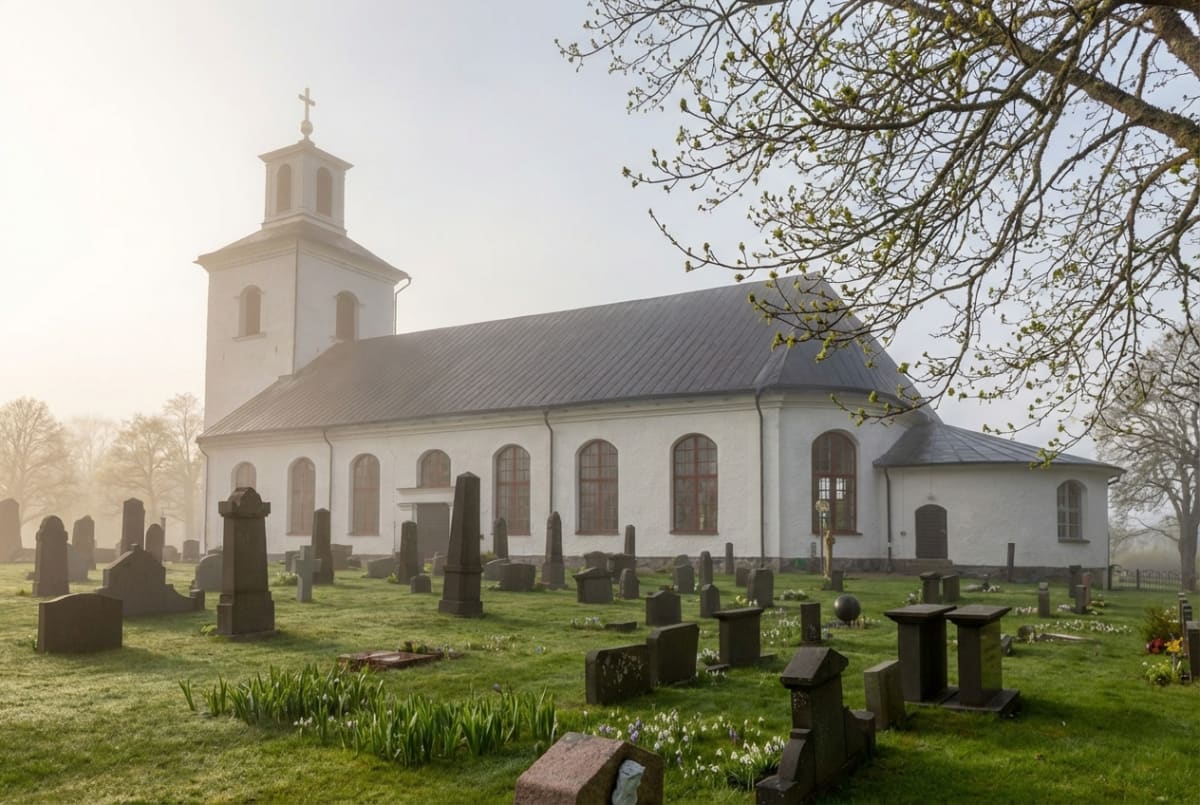 En vit kyrka med ett torn och grått tak syns genom dis på en grön gräsmatta med gravstenar. I förgrunden syns grenar med små knoppar.