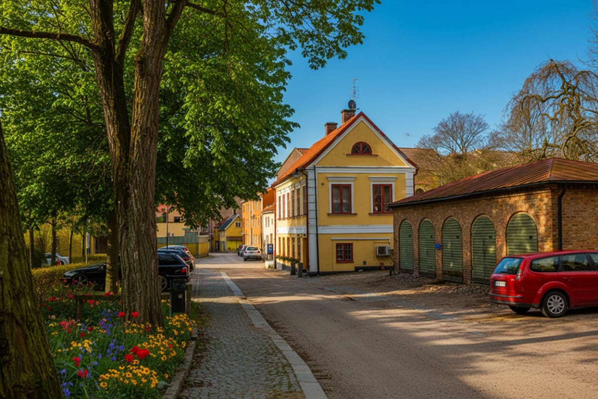 En gata kantad av flertalet hus i olika färger, en blandning av äldre och nyare arkitektur under en klarblå himmel. Till vänster i förgrunden syns blomrabatter under träd, och längs gatan står parkerade bilar och en tegelbyggnad med garageportar.