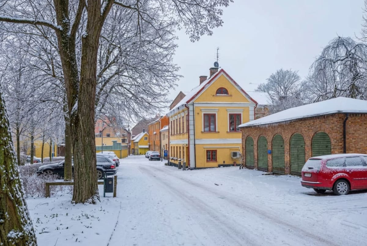 En gata täckt av snö med omgivande byggnader och parkerade bilar, där träd med snö på grenarna ramar in bilden. I förgrunden syns snötäckta mark och träd, och i bakgrunden finns flera hus, varav ett gult med rött tak är framträdande.