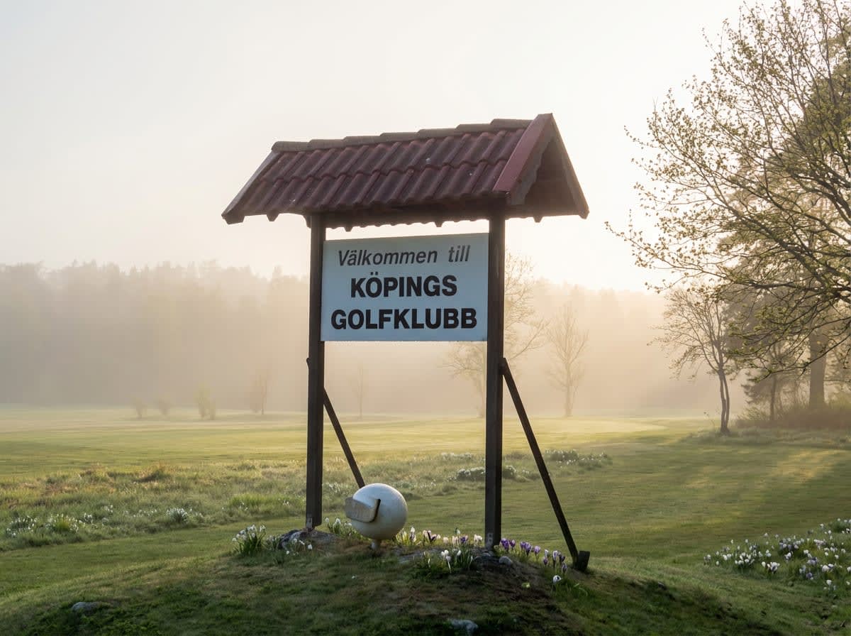 En skylt med texten "Välkommen till KÖPINGS GOLFKLUBB" står i förgrunden, omgiven av gräs och vårblommor. Bakgrunden visar en golfbana täckt av dimma med träd synliga i fjärran. Ljuset kommer från vänster, vilket skapar en varm ton i dimman.