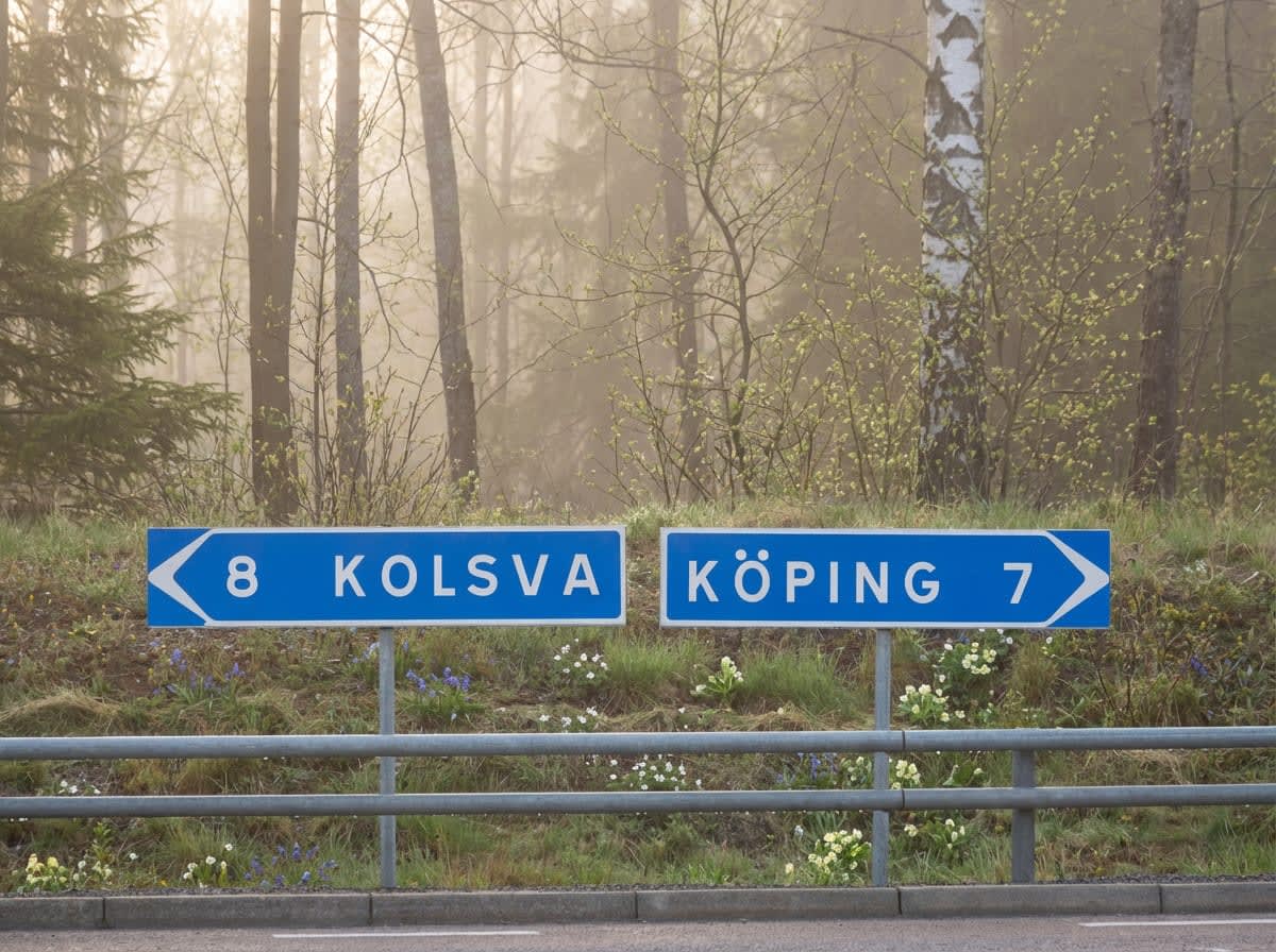 Två blå vägskyltar, en med "KOLSVA 8" och en med "KÖPING 7", står bredvid vägen. I bakgrunden syns skog med tidig vårgrönska och dimma, samt en räckeskonstruktion. Små blommor växer i gräset under skyltarna.