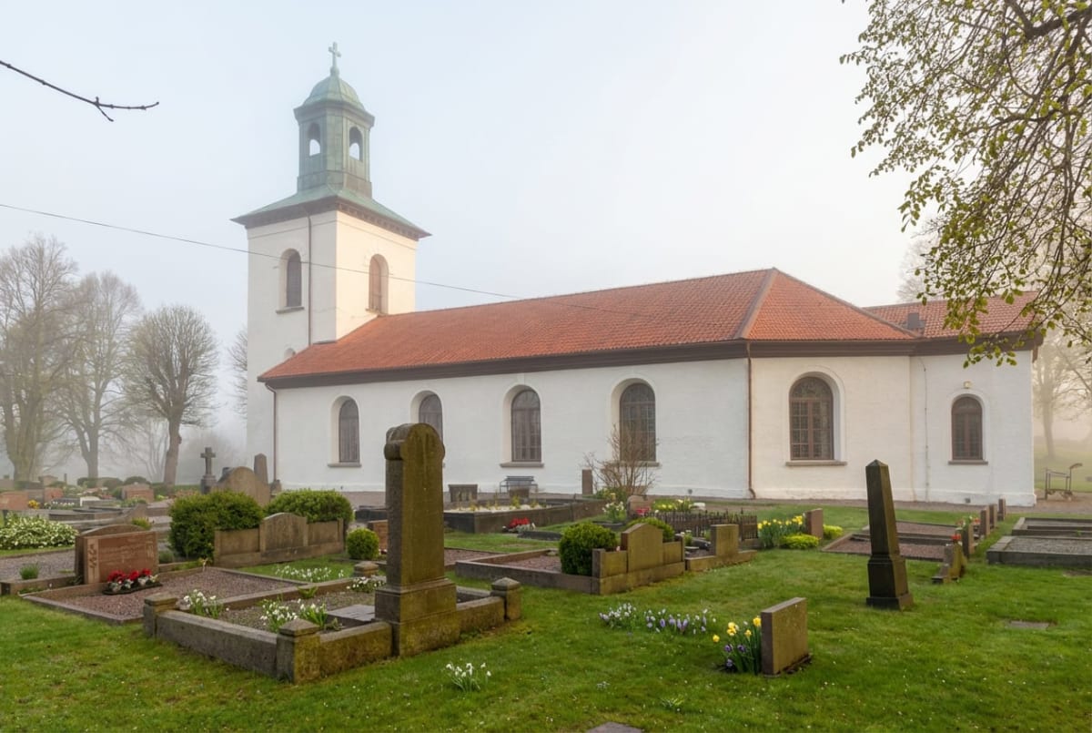 En vit kyrkobyggnad med rött tak och en grön kupol på klocktornet. Bilden visar en kyrkogård med gravstenar och gräsmatta framför kyrkan, där vårblommor som snödroppar och påskliljor syns. Träd som börjar grönska skymtar i bakgrunden.