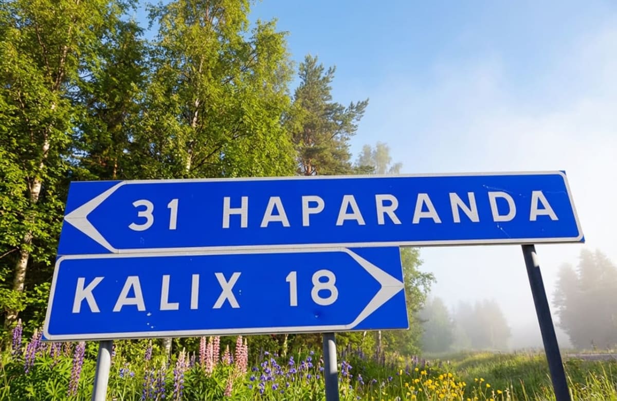 En blå skylt med vita pilar och texten "31 HAPARANDA" och "KALIX 18" står utmed en väg. Bakom skylten syns lummiga träd, grönska med blommor, och en disig himmel som antyder tidig morgon eller sent kväll. Skylten är fotograferad snett underifrån.