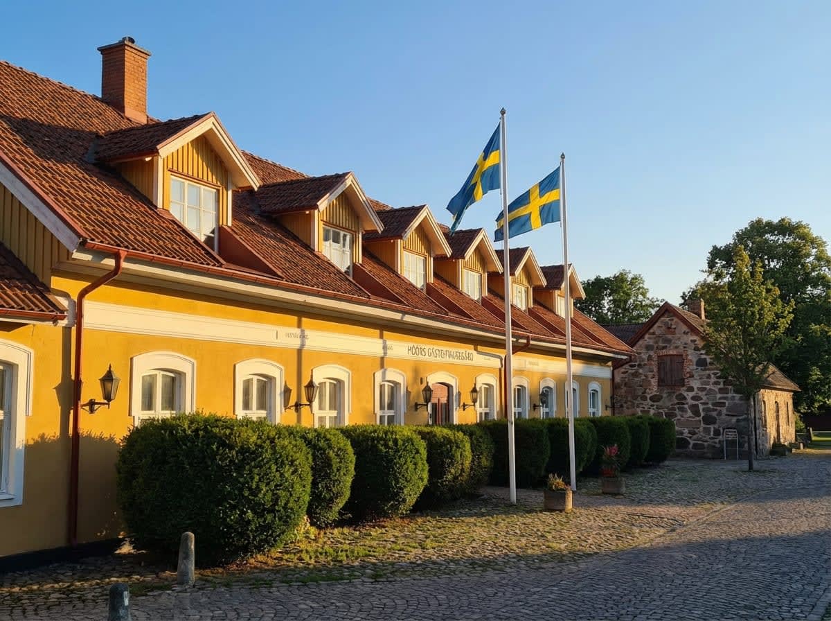 En gul byggnad med rött tegeltak och flera takkupor syns under en klarblå himmel. Framför byggnaden finns buskar, gatsten och två svenska flaggor på flaggstänger. Till höger syns en stenbyggnad och gröna träd.