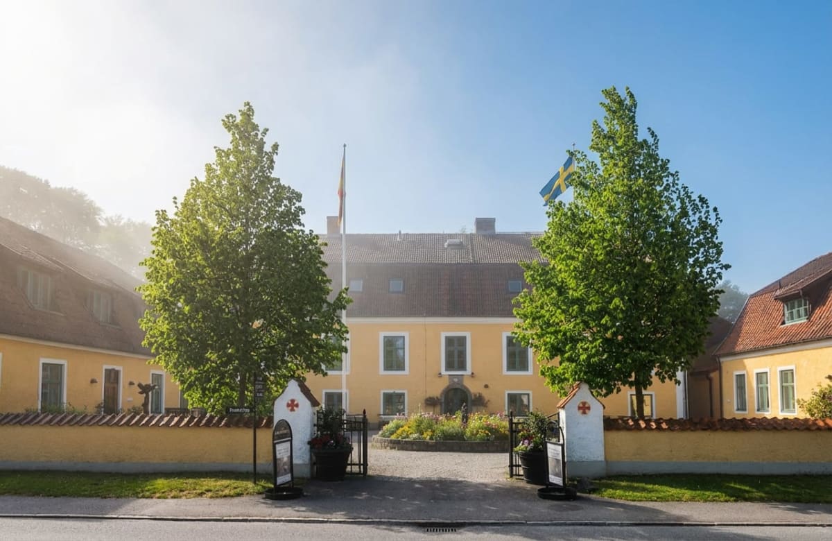 En gul byggnad med takpannor syns genom en svart grind, flankerad av två träd med gröna blad. Framför grinden finns en stensatt väg med trädäck, och på var sida står skyltar med information. Två flaggor syns, en svensk och en annan.