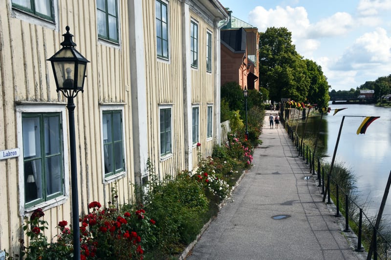En bild som visar en smal grusgång som löper längs en byggnad med vertikal träpanel och gula röda rosor. Till höger om grusgången syns en smal flod eller å med vegetation längs kanten och några färgglada vimplar. I bakgrunden syns skog och en bro. Et