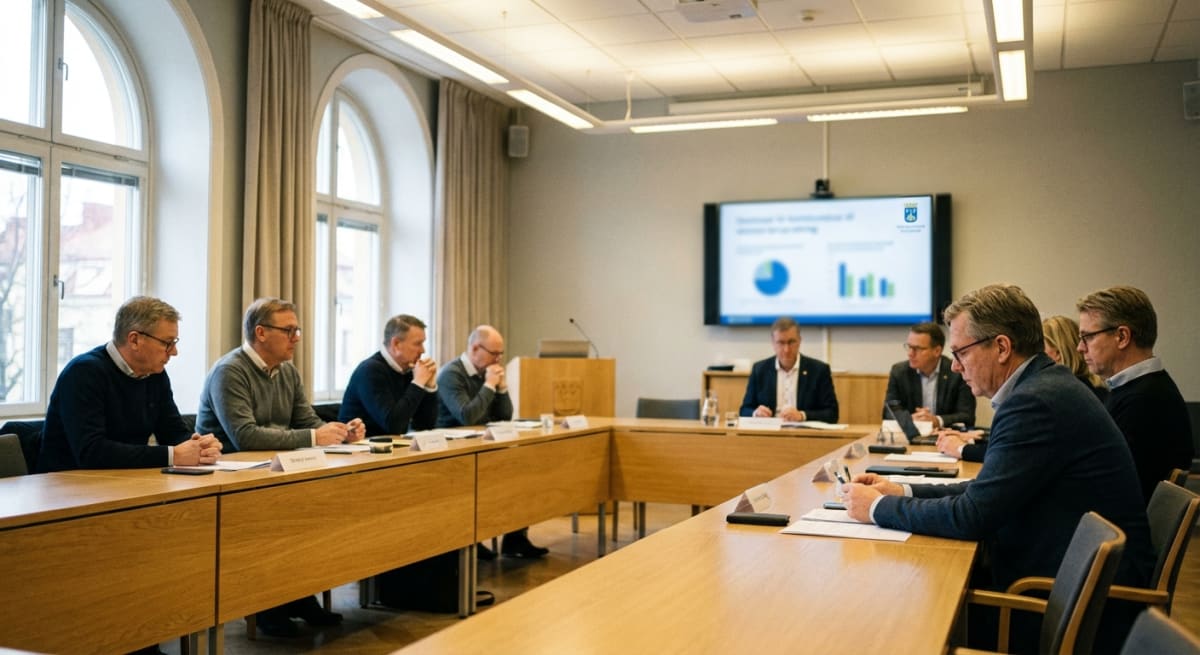 På bilden syns ett mötesrum med långa bord och nio deltagare. I bakgrunden syns stora fönster med välvda överdelar samt en stor skärm som visar grafer och text. Personerna vid bordet är klädda i varierande kläder, från kavajer till tröjor.